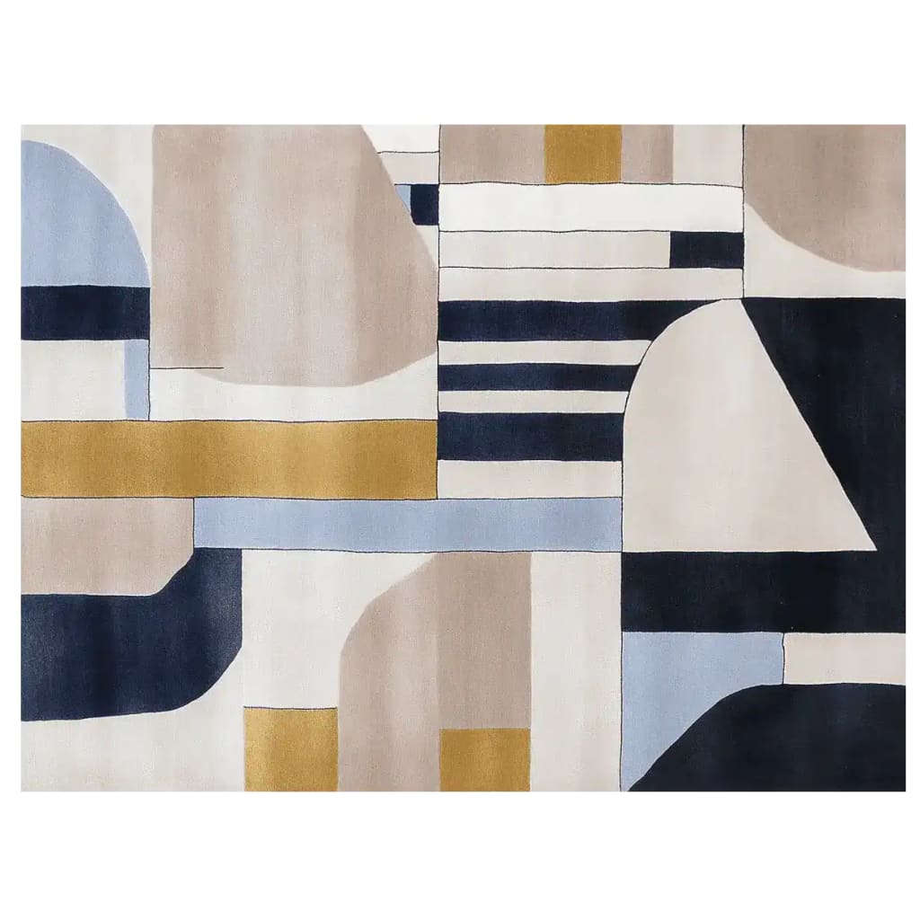 This image showcases a contemporary area rug with an abstract geometric design, featuring a blend of soft beige, navy, and mustard hues. Made from wool, this hand-tufted rug is perfect for adding a modern touch to any living room.