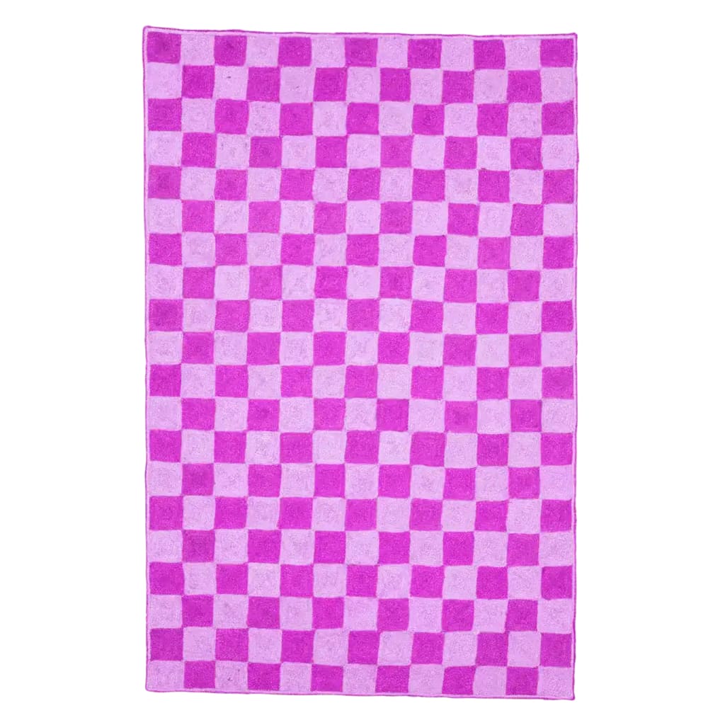 Vibrant purple checker jute rug, perfect as an area rug for large living rooms. The stylish checker pattern adds a modern touch to living room decor, providing both comfort and aesthetic appeal.