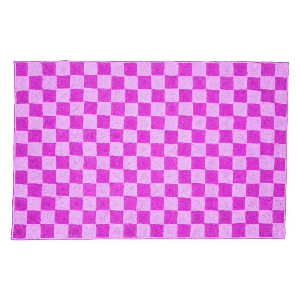 A vibrant purple checker area rug made from jute, perfect for adding a pop of color to any living room. This large jute rug features a classic checkerboard pattern, making it an ideal choice for rugs in a spacious living room setting.