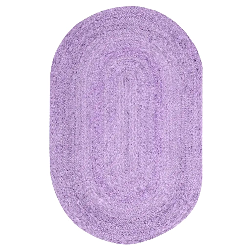 Top view of a purple elongated oval area rug made of jute, perfect for adding a boho touch to your living room or dining room. This versatile jute rug is ideal for creating a cozy atmosphere in both living room and dining room spaces.