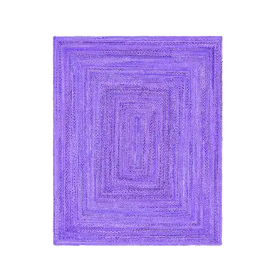 Top view of a vibrant Purple Hand Braided Jute Rug, perfect for adding a pop of color to living room area rugs. This large living room rug showcases intricate hand-braided patterns, ideal for enhancing the aesthetic of any living space.