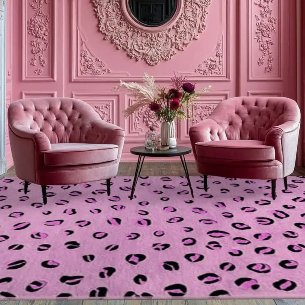 A cozy dining room setup featuring a vibrant Purple Leopard Spots Hand Tufted Wool Rug. The large area rug anchors the space with its bold design, complemented by elegant pink armchairs and an ornate pink wall. Ideal as a dining table rug or in a formal dining room, this wool rug adds a touch of modern luxury.