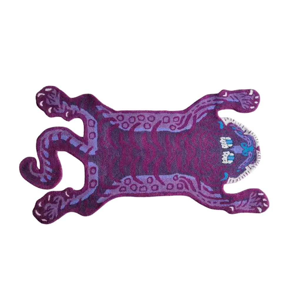 A vibrant Purple Tibetan Tiger Accent Hand Tufted Wool Rug, perfect for adding a touch of personality to your living room. This large area rug features an abstract tiger design in rich purple tones, making it a standout piece in any large living room. Crafted from high-quality wool, this vintage rug combines style with comfort, ideal for those seeking unique area rugs for living room spaces.