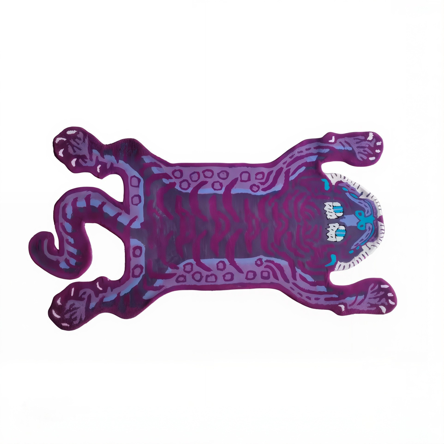 Purple Tibetan tiger hand-tufted wool rug with an abstract tiger design on a white background.