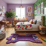Purple Tibetan tiger wool rug on a bedroom floor, styled beside a bed with neutral decor.