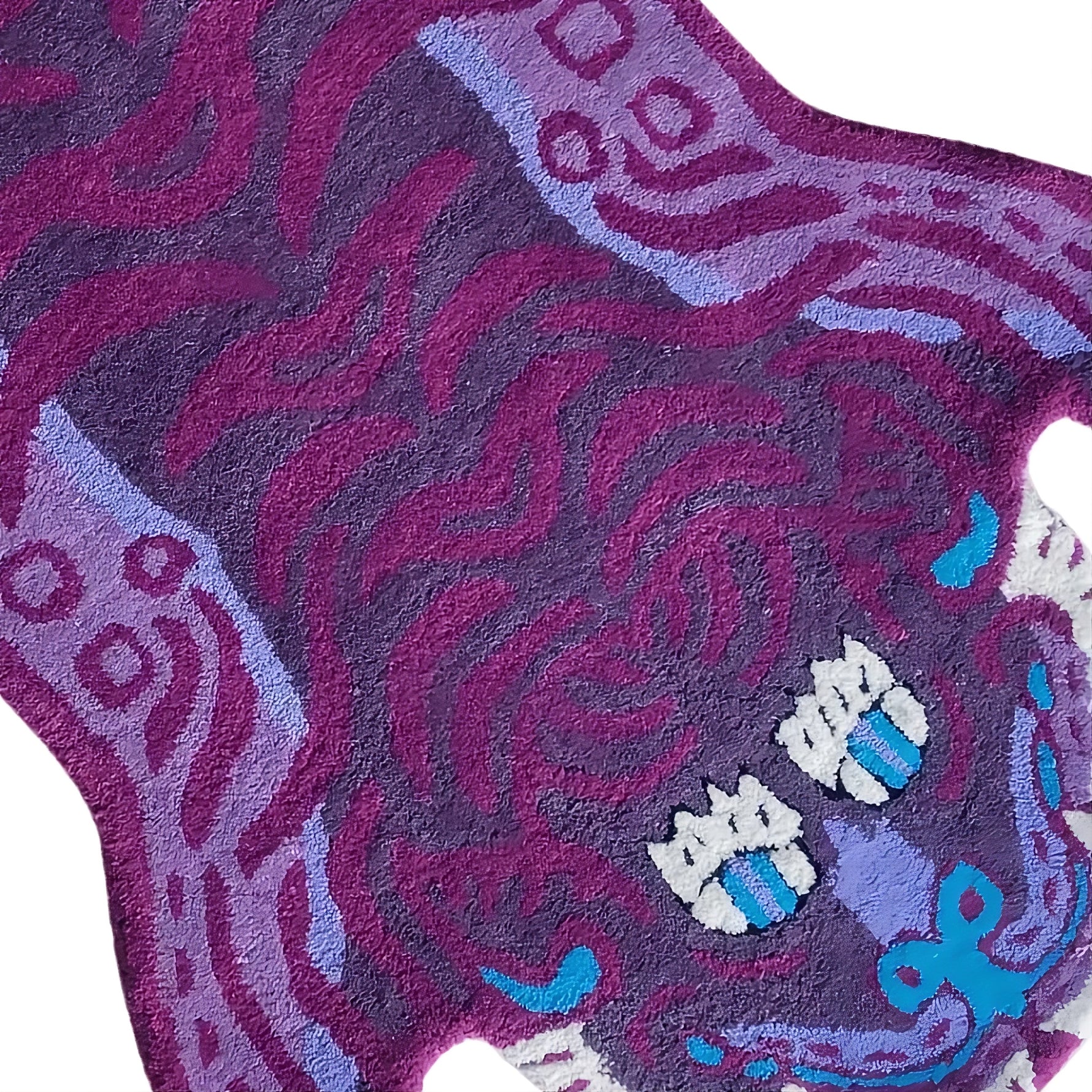 Purple Tibetan tiger hand-tufted wool rug featuring an abstract tiger design in dark and light purple tones.