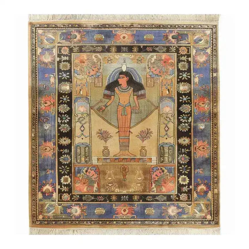 The Pyramid Dreamscape Hand Knotted Area Rug showcases an intricate design with vintage Egyptian motifs, perfect for adding a touch of history and elegance to large living rooms. This Persian-style rug features a central figure surrounded by floral patterns and vibrant colors, making it an ideal choice for those seeking unique area rugs for living room spaces.