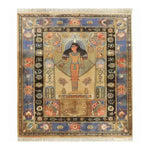 The Pyramid Dreamscape Hand Knotted Area Rug showcases an intricate design with vintage Egyptian motifs, perfect for adding a touch of history and elegance to large living rooms. This Persian-style rug features a central figure surrounded by floral patterns and vibrant colors, making it an ideal choice for those seeking unique area rugs for living room spaces.