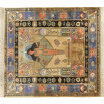 The Pyramid Dreamscape Hand Knotted Area Rug showcases a vintage design with intricate Egyptian motifs, perfect for adding a touch of elegance to your living room. This large Persian-style rug features vibrant colors and detailed patterns, ideal for those seeking unique area rugs for their living space.