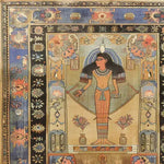 Vintage-inspired Pyramid Dreamscape Hand Knotted Area Rug featuring intricate Egyptian motifs and vibrant colors. Perfect for adding a touch of Persian elegance to large living rooms, this area rug showcases detailed artwork that enhances any space.