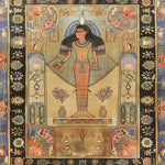 This Pyramid Dreamscape Hand Knotted Area Rug showcases an intricate design reminiscent of vintage Persian rugs, ideal for adding a touch of elegance to large living rooms. The central figure is inspired by ancient art, surrounded by vibrant floral and geometric patterns, making it a standout piece among area rugs for living room decor.