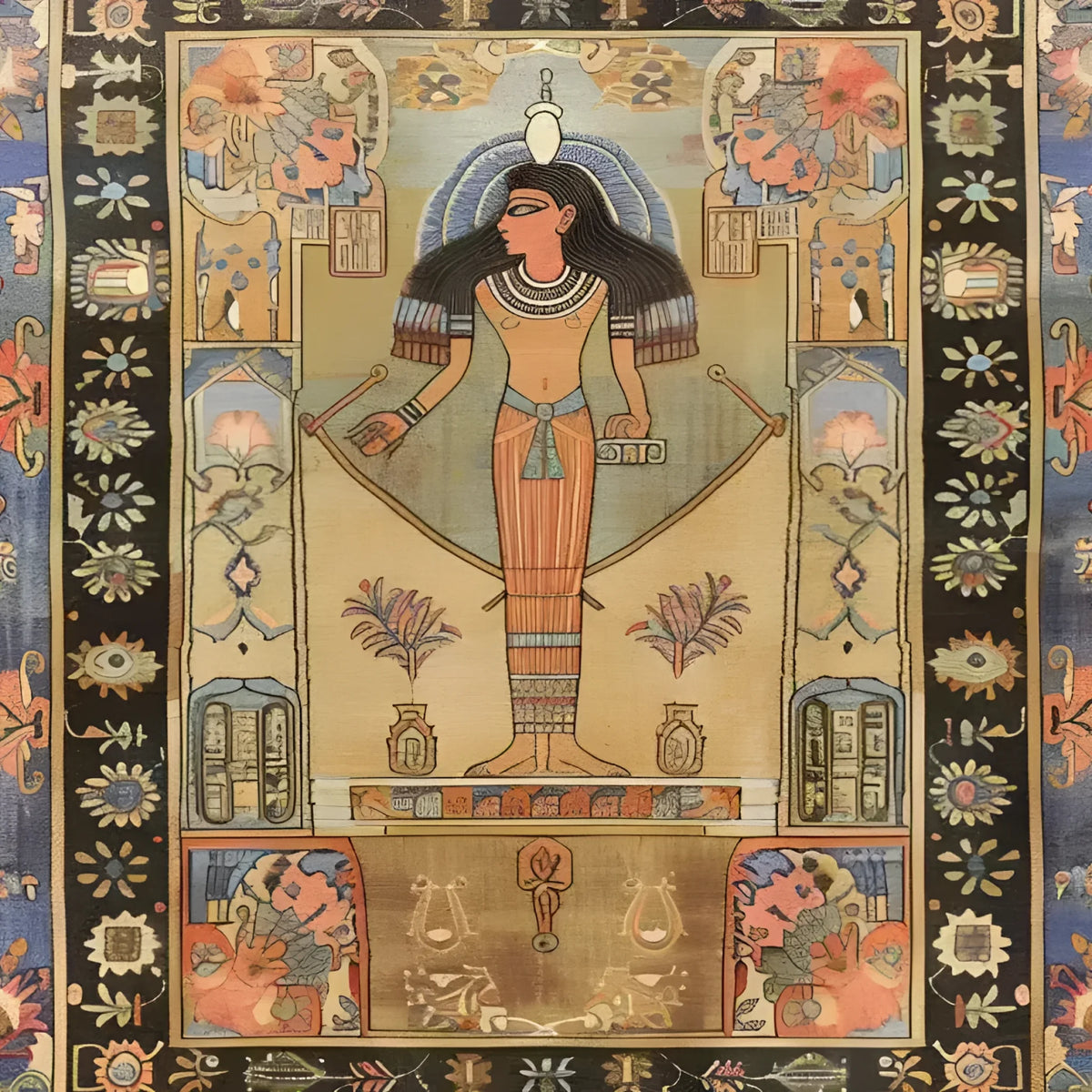 This Pyramid Dreamscape Hand Knotted Area Rug showcases an intricate design reminiscent of vintage Persian rugs, ideal for adding a touch of elegance to large living rooms. The central figure is inspired by ancient art, surrounded by vibrant floral and geometric patterns, making it a standout piece among area rugs for living room decor.