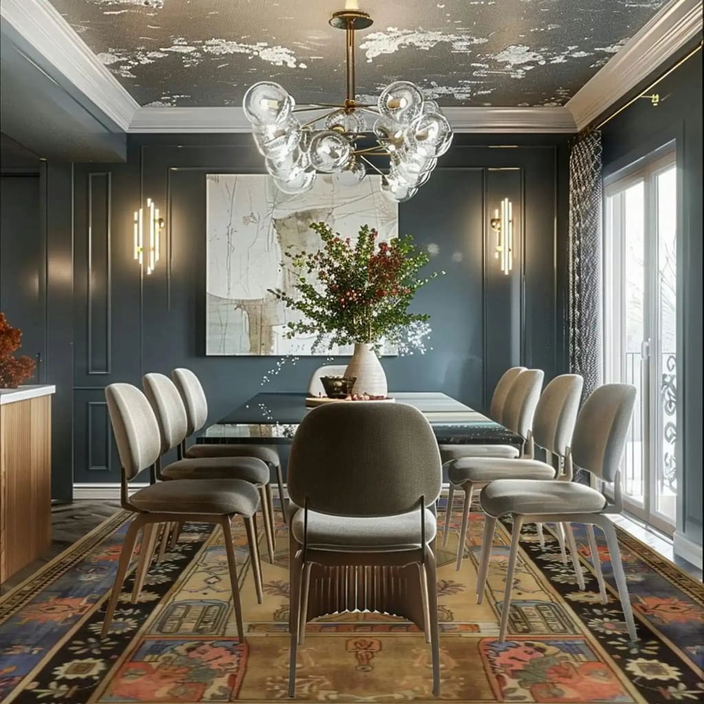Elegant dining room showcasing a Pyramid Dreamscape Hand Knotted Area Rug with a vintage Persian design. This large living room rug adds a touch of sophistication under a modern dining table set, enhancing the space with its intricate patterns and rich colors.