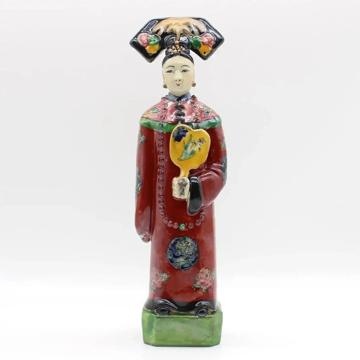 Qing Dynasty Emperor and Empress Hand Painted Ceramic Figurines Red