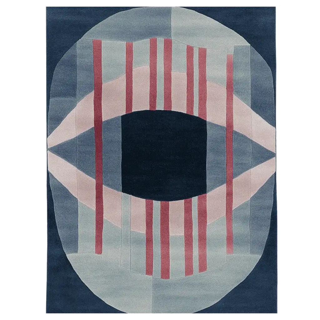 Top view of a Quiet Curve Thread Form Hand Tufted Rug, featuring a modern abstract design with pink and blue tones. Perfect for adding a contemporary touch to large living rooms. This wool area rug serves as an elegant centerpiece among area rugs for living room decor.