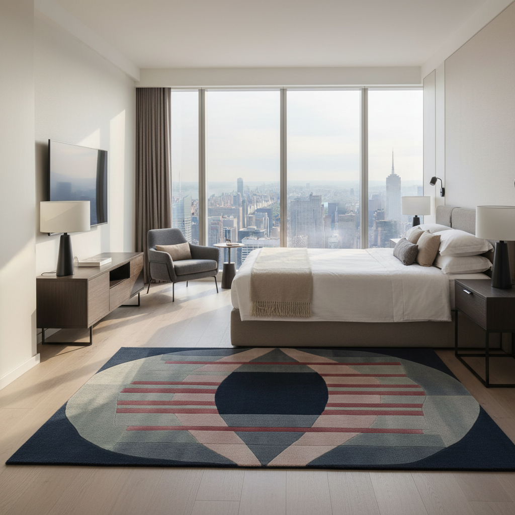 Modern bedroom with a cityscape view, geometric rug, and furniture.