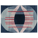 A contemporary area rug featuring an abstract design with geometric shapes in shades of blue, pink, and red. This wool rug is ideal for large living rooms, adding a modern touch to the decor. The Quiet Curve Thread Form Hand Tufted Rug showcases a unique pattern, making it a standout piece among area rugs for living rooms.