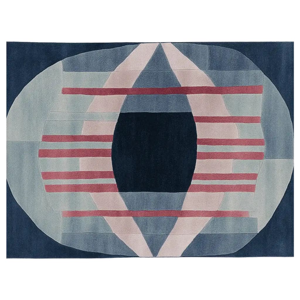 A contemporary area rug featuring an abstract design with geometric shapes in shades of blue, pink, and red. This wool rug is ideal for large living rooms, adding a modern touch to the decor. The Quiet Curve Thread Form Hand Tufted Rug showcases a unique pattern, making it a standout piece among area rugs for living rooms.