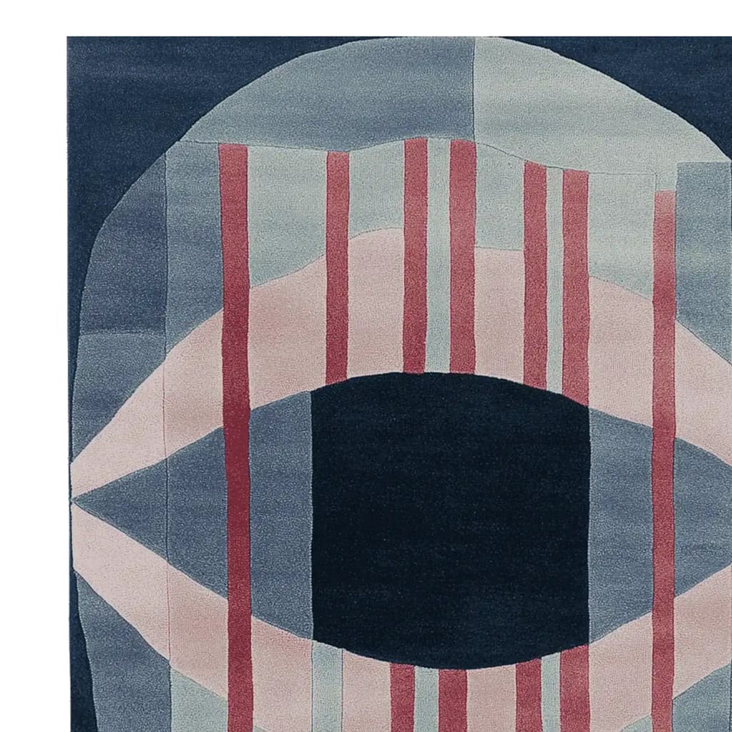 Top view of a Quiet Curve Thread Form Hand Tufted Area Rug, featuring a contemporary abstract design with bold geometric patterns in shades of blue, pink, and red. This wool rug is perfect for large living rooms, adding a modern touch to your decor.