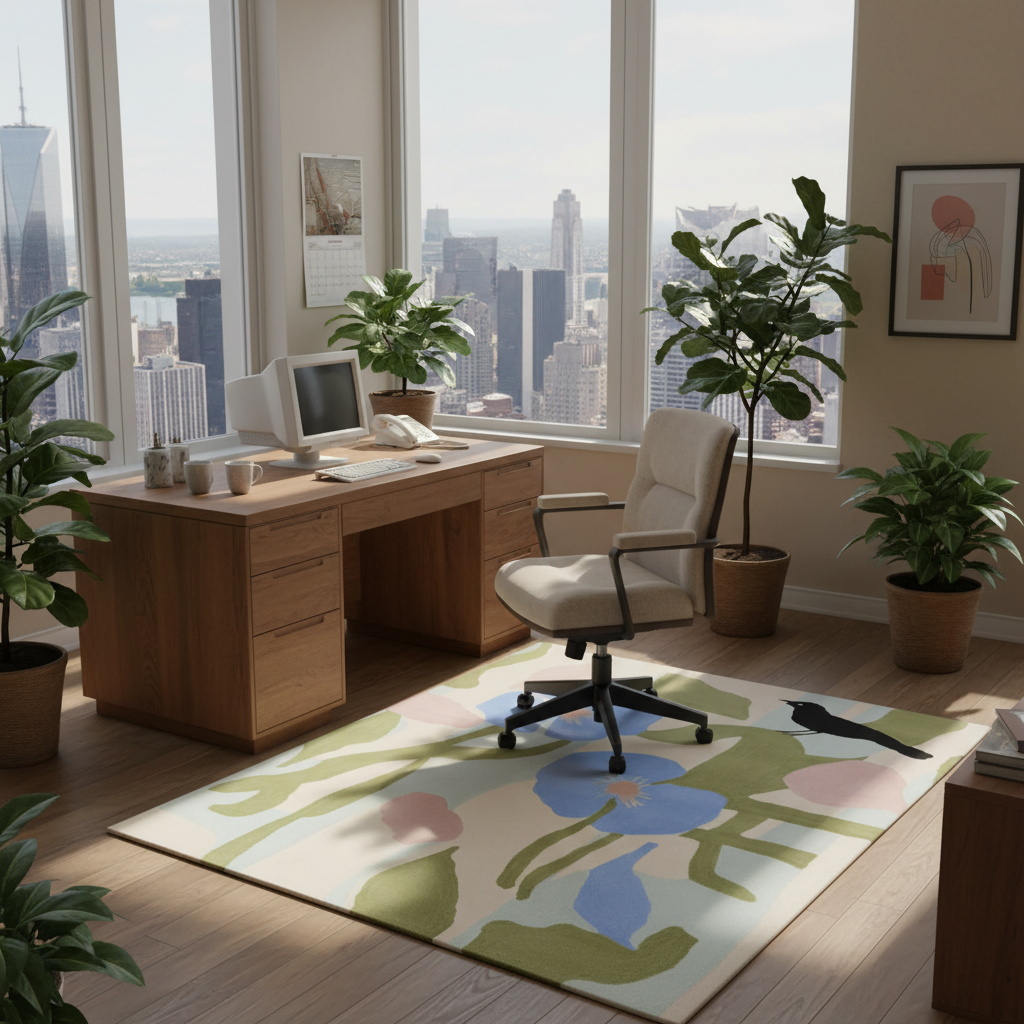 Modern office space with a desk, chair, and large windows overlooking a cityscape.