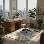 Modern office space with a desk, chair, and large windows overlooking a cityscape.