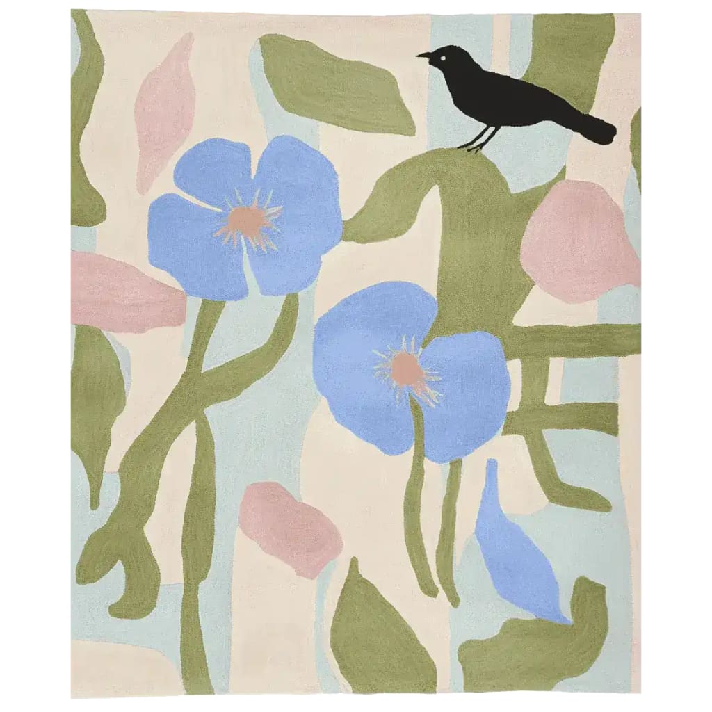 The Quiet Garden Watcher Hand Tufted Rug features a contemporary design with bold blue flowers and a black bird against a soft, muted background. This wool area rug is perfect for adding a touch of elegance to your living room. Ideal for those seeking stylish living room rugs 8x10.