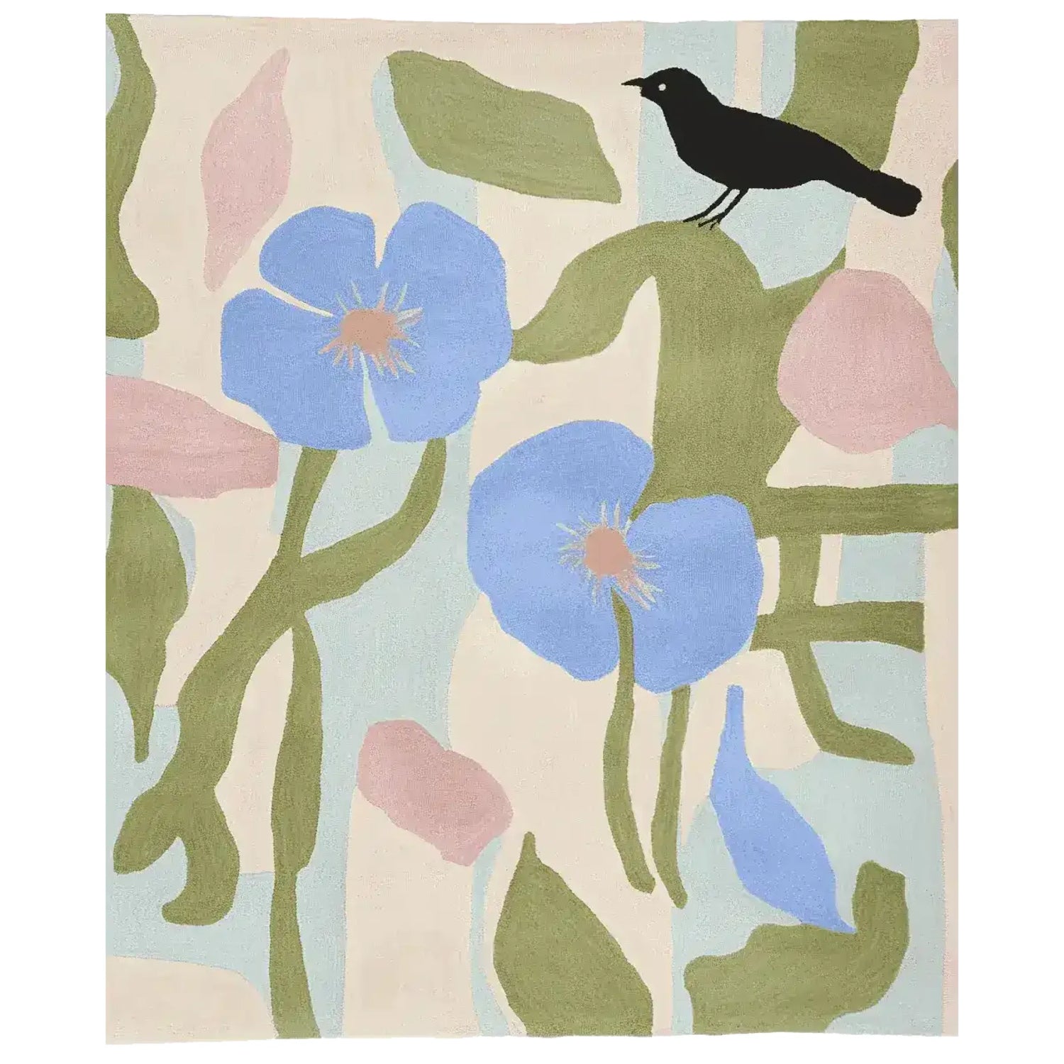 The Quiet Garden Watcher Hand Tufted Rug features a contemporary design with bold blue flowers and a black bird against a soft, muted background. This wool area rug is perfect for adding a touch of elegance to your living room. Ideal for those seeking stylish living room rugs 8x10.