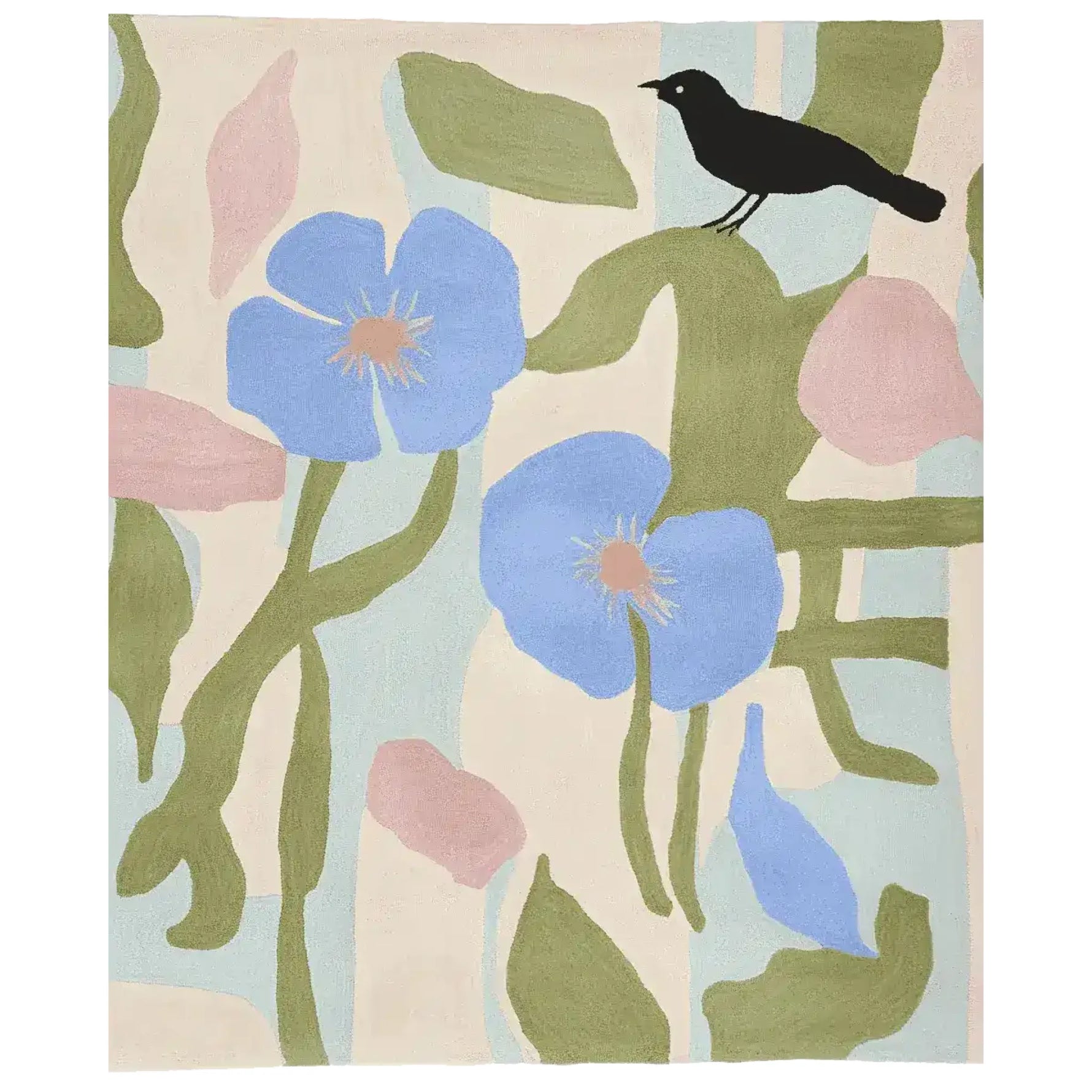The Quiet Garden Watcher Hand Tufted Rug features a contemporary design with bold blue flowers and a black bird against a soft, muted background. This wool area rug is perfect for adding a touch of elegance to your living room. Ideal for those seeking stylish living room rugs 8x10.