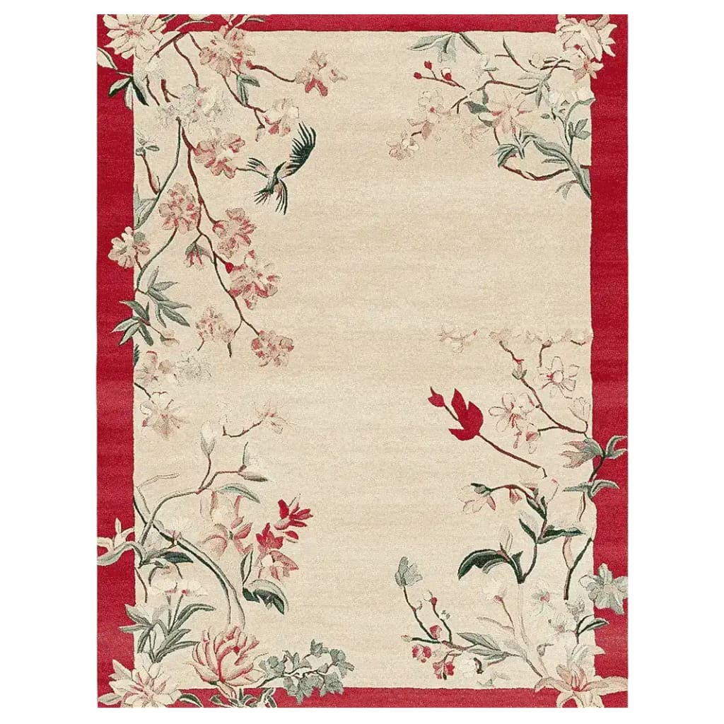 Elegant Quiet Meadow Song Hand Tufted Area Rug featuring a floral design with a red border. Ideal for adding a touch of nature to living room area rugs. This wool rug combines style and comfort, perfect for area rugs for living room decor.
