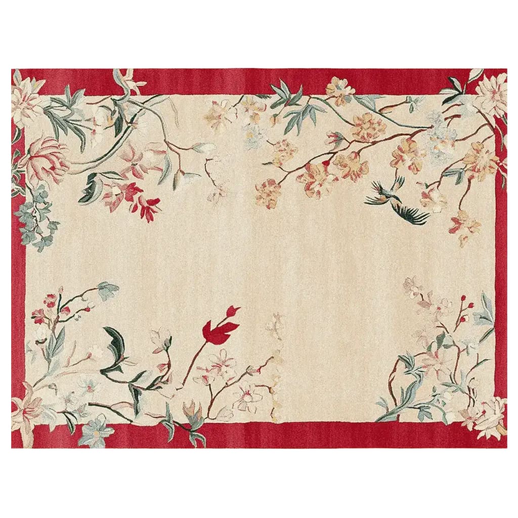 Beautiful hand-tufted wool area rug featuring a serene floral design with red and green accents, perfect for enhancing the elegance of your living room. This Quiet Meadow Song rug is an ideal choice for those seeking high-quality living room area rugs.