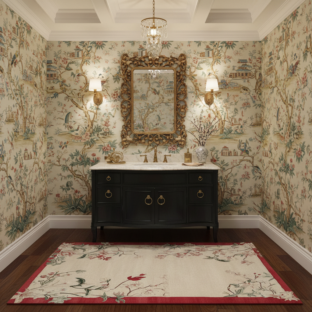 Bathroom with ornate wallpaper, black vanity, and decorative rug.