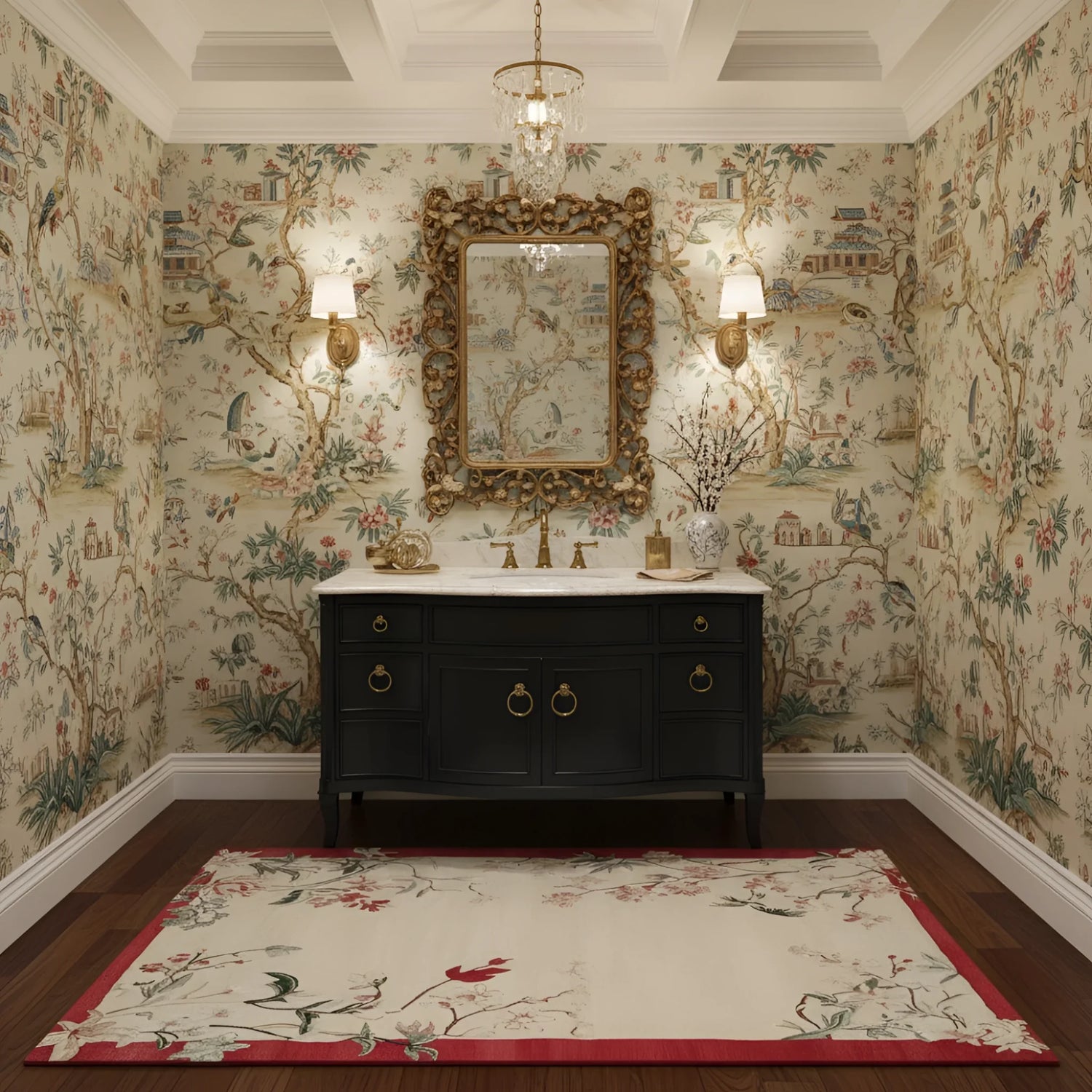 Bathroom with ornate wallpaper, black vanity, and decorative rug.