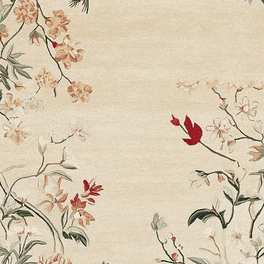 Elegant Quiet Meadow Song Hand Tufted Area Rug with a delicate floral pattern in soft reds and greens on a beige background, perfect for enhancing living room decor. This wool rug adds warmth and style to area rugs for living room settings.