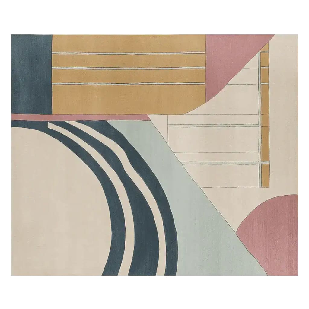 This contemporary area rug features a unique geometric design with bold shapes and colors, perfect for adding a modern touch to any living room. The hand-tufted wool rug showcases a blend of cream, navy, pink, and mustard hues, ideal as an 8x10 area rug for living spaces.