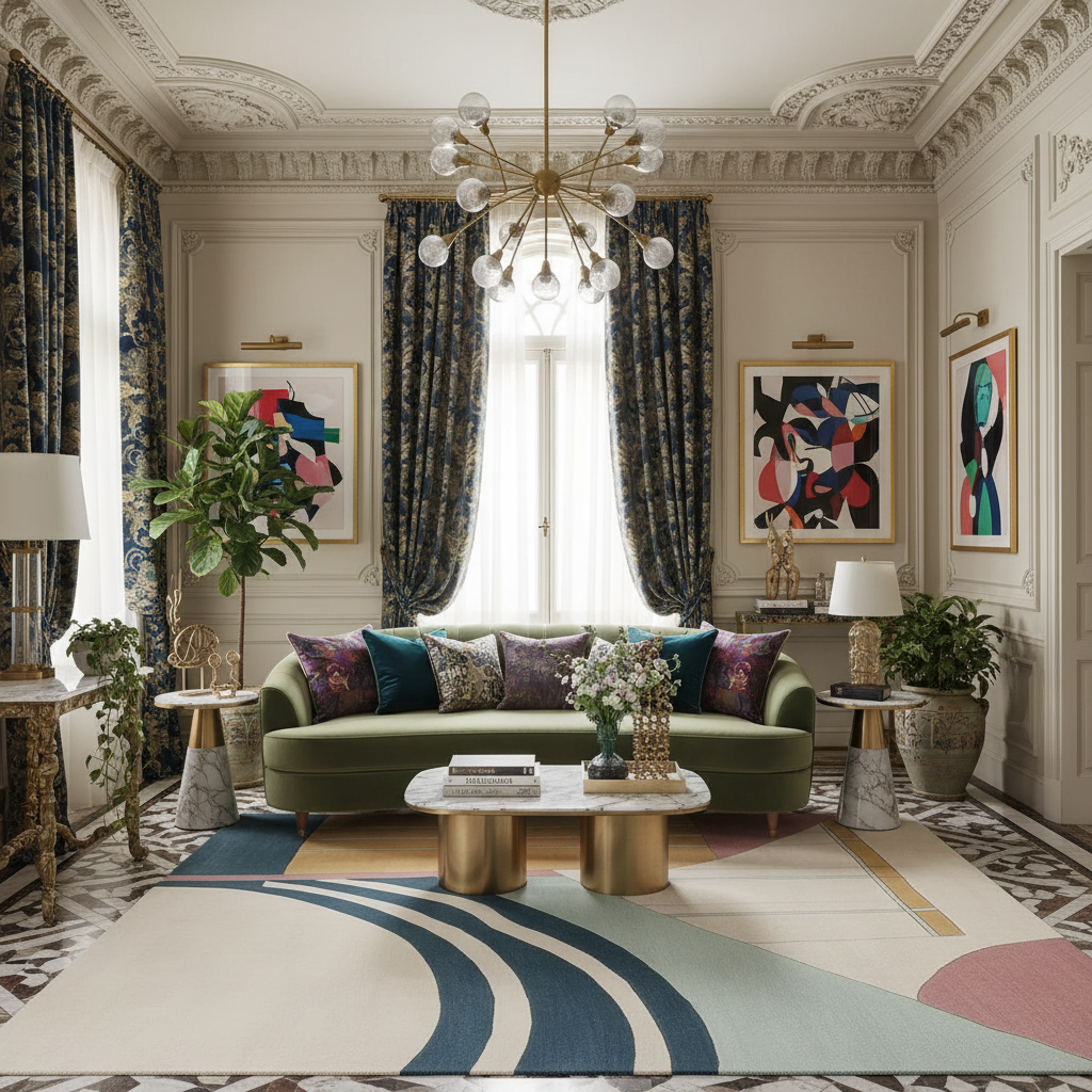 Luxurious living room with a green sofa, gold coffee table, a contemporary wool rug, and abstract art on the walls.