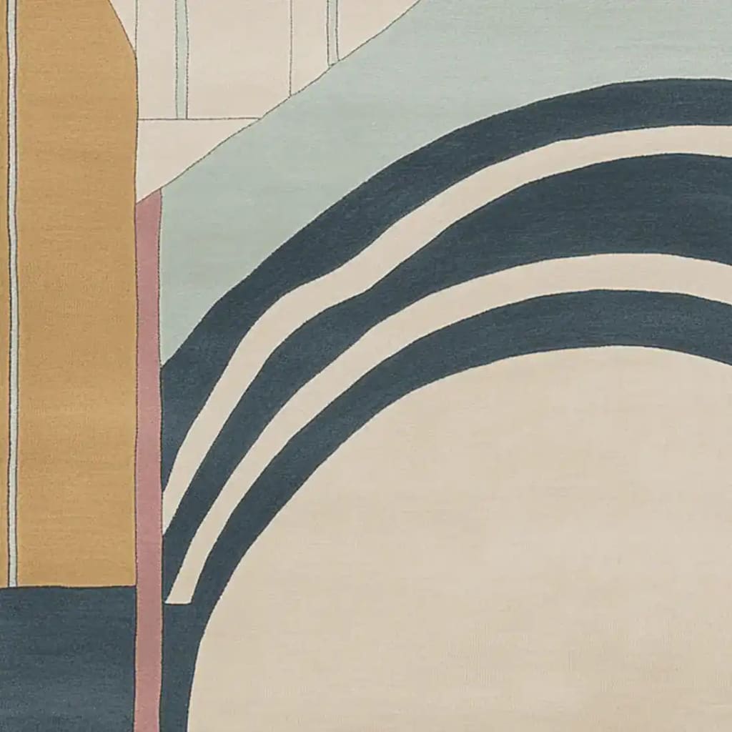 Close-up view of a contemporary wool rug featuring a geometric design with bold colors and curved patterns. Perfect for adding a modern touch to your living space, this 8x10 area rug is ideal for living rooms, combining style and comfort.