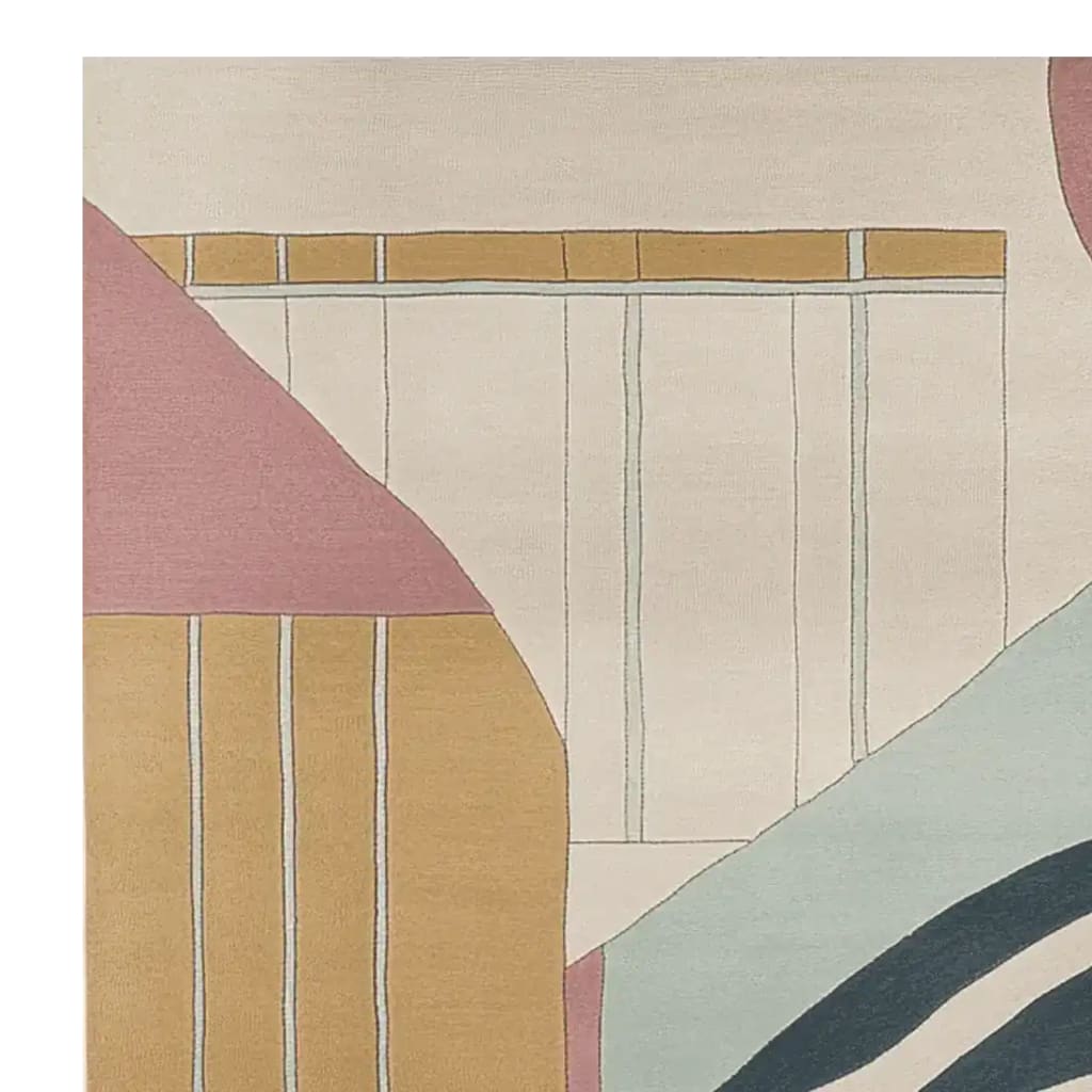 Close-up of a contemporary area rug showcasing abstract geometric patterns in soft pastel colors, perfect for a modern living room setting. The wool rug features a blend of pink, mustard, and blue hues, ideal as an 8x10 area rug for living room decor.