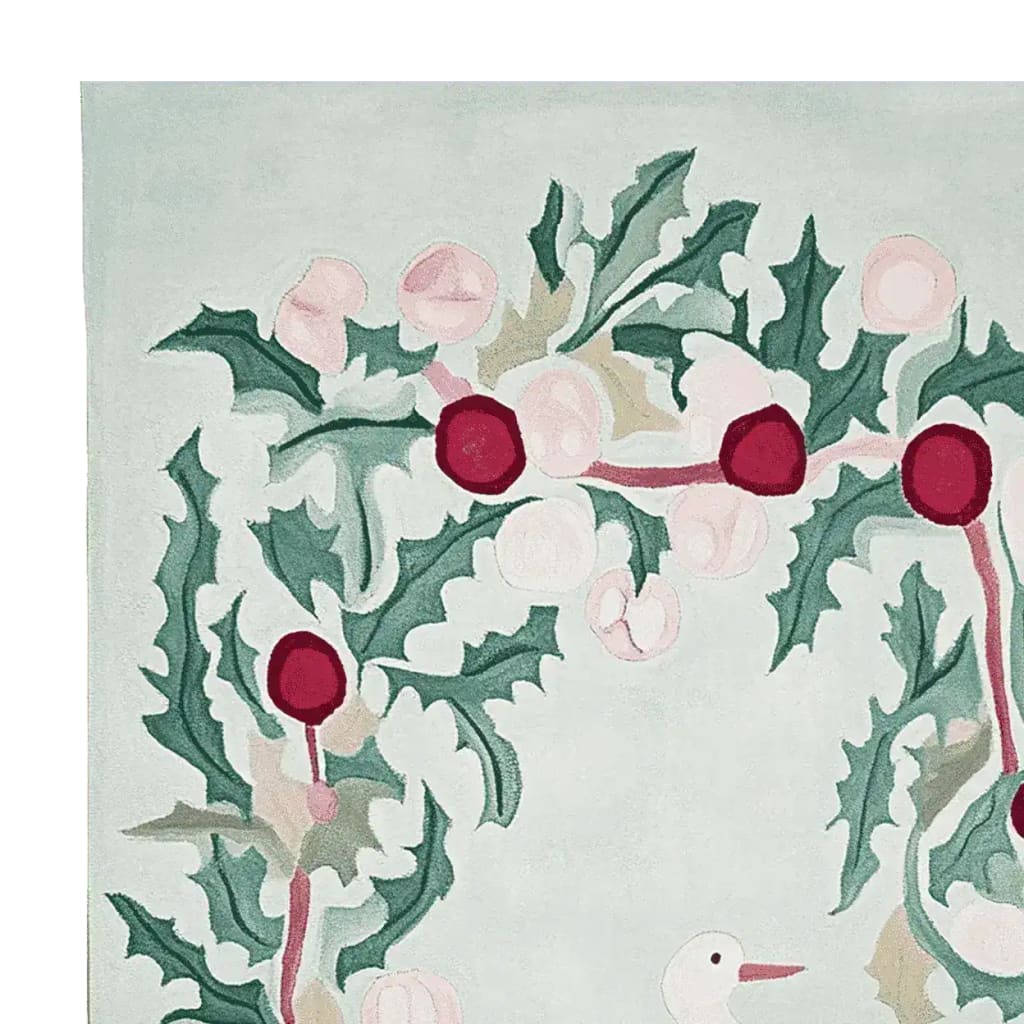Close-up view of the Quirky Christmas Cruise Hand Tufted Area Rug, showcasing a festive design with green holly leaves and red berries on a wool rug, perfect as a rugs for living room centerpiece.