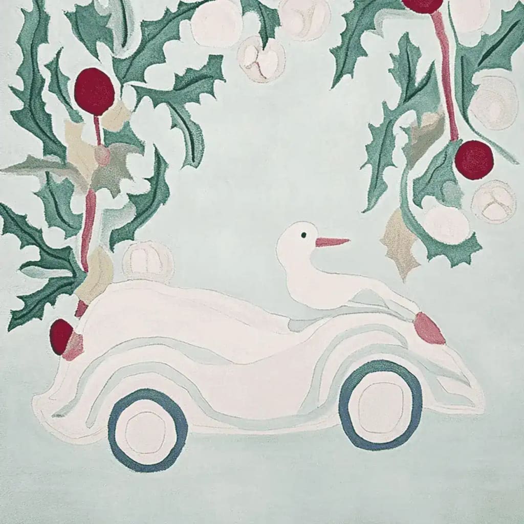 A charming area rug featuring a whimsical Christmas scene with a duck riding in a car surrounded by holly leaves and berries. This wool rug is perfect for adding a festive touch to any living room decor.