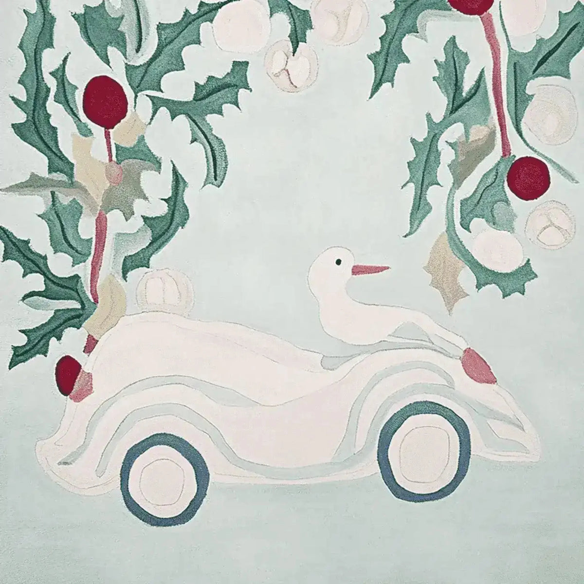 A charming area rug featuring a whimsical Christmas scene with a duck riding in a car surrounded by holly leaves and berries. This wool rug is perfect for adding a festive touch to any living room decor.