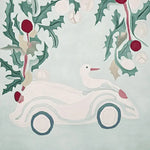 A charming area rug featuring a whimsical Christmas scene with a duck riding in a car surrounded by holly leaves and berries. This wool rug is perfect for adding a festive touch to any living room decor.