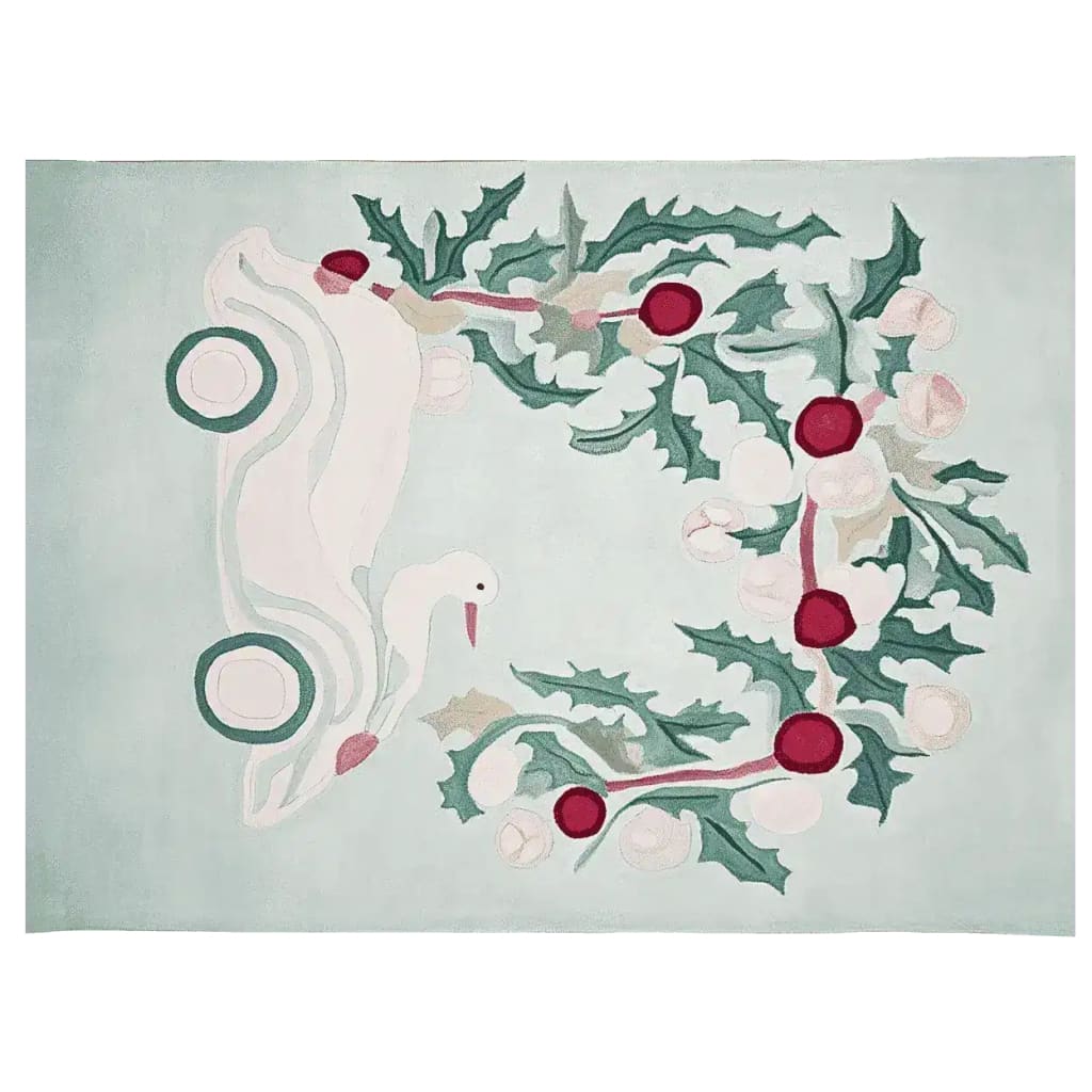 This vibrant area rug features a whimsical Christmas design with a white car and a goose, surrounded by festive holly leaves and red berries. Hand-tufted from high-quality wool, it's a perfect wool rug to add a touch of holiday spirit to your living room.