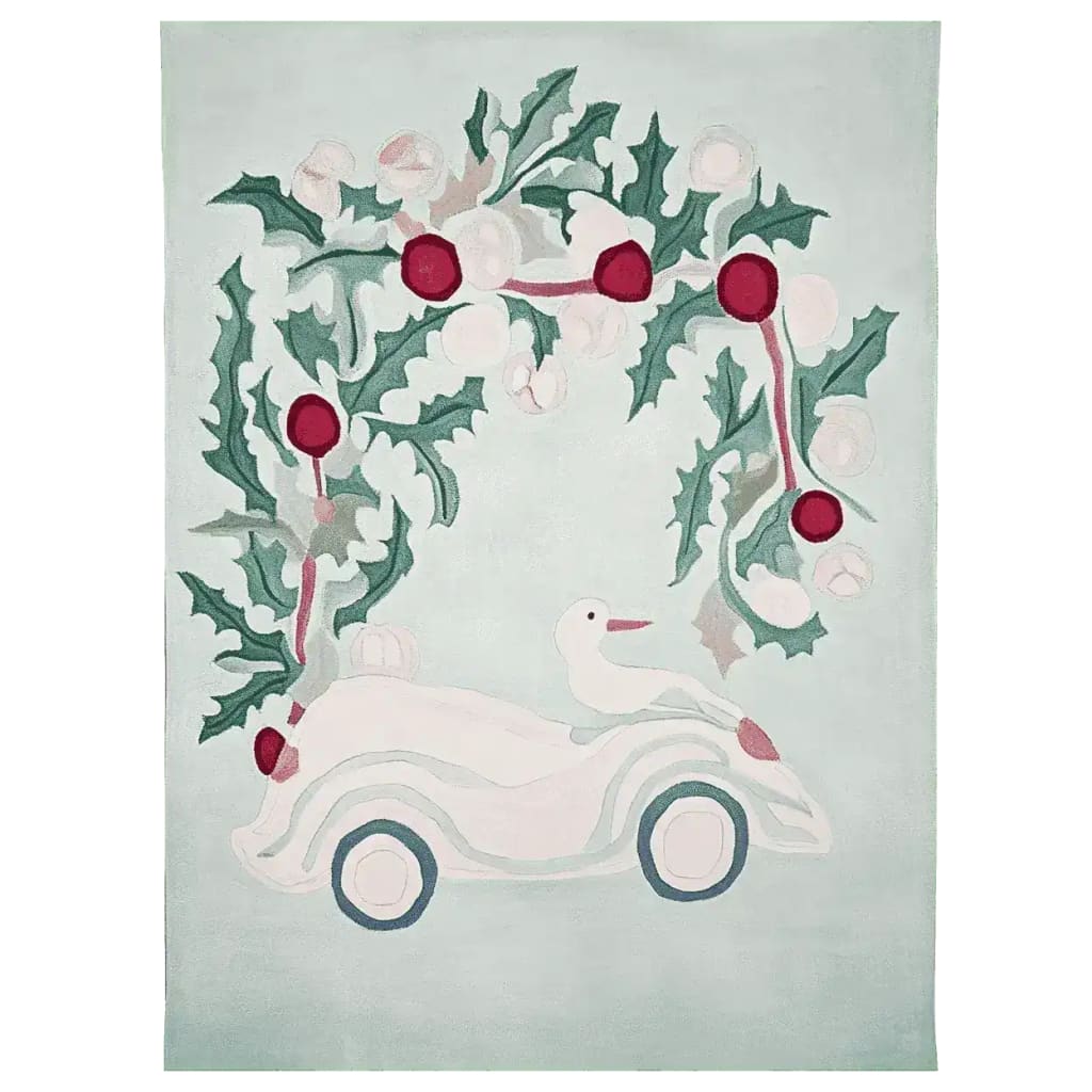 A whimsical area rug featuring a festive Christmas design, hand-tufted with wool. The rug showcases a playful scene with a duck riding in a vintage car surrounded by holly leaves and red berries, perfect for adding charm to any living room.