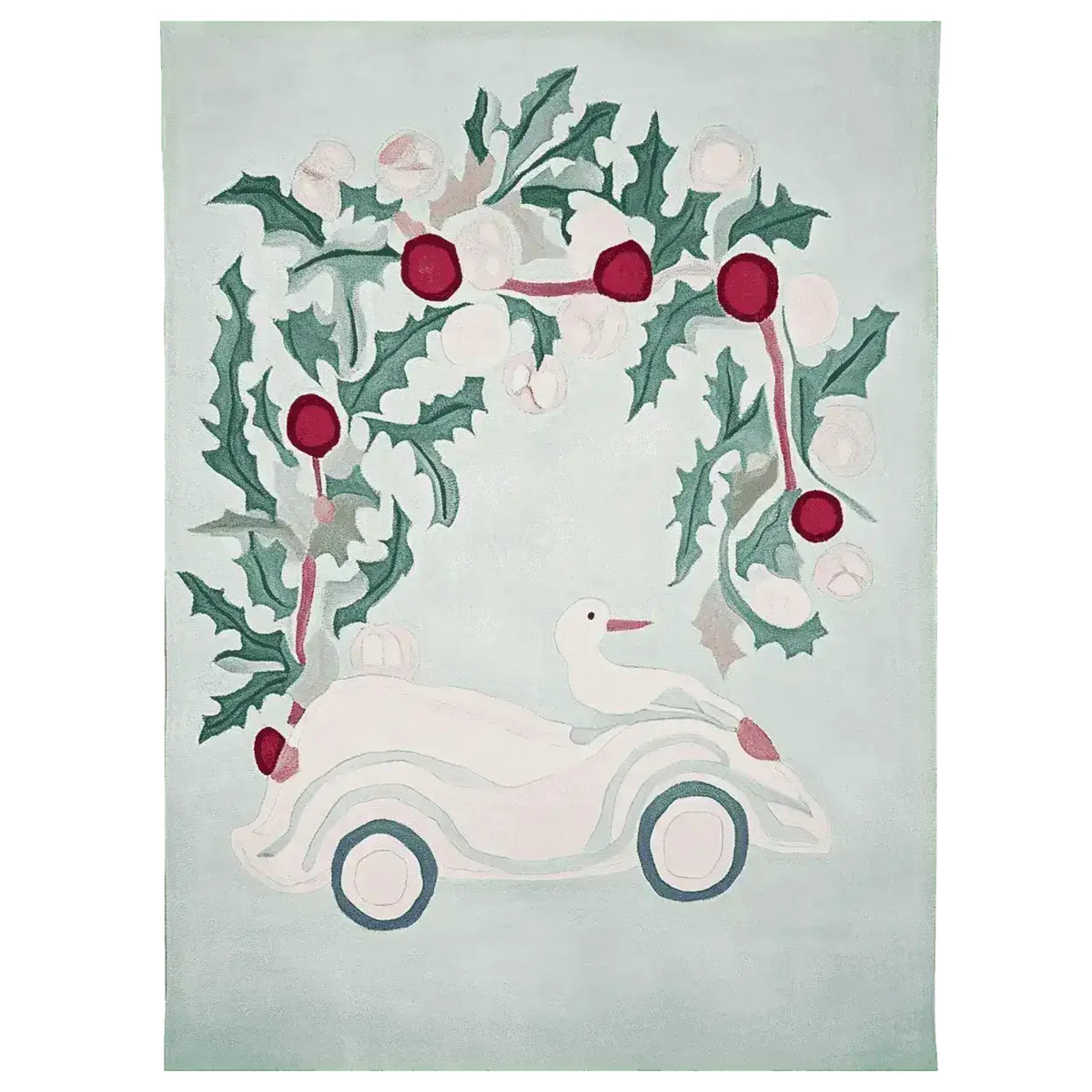 A whimsical area rug featuring a festive Christmas design, hand-tufted with wool. The rug showcases a playful scene with a duck riding in a vintage car surrounded by holly leaves and red berries, perfect for adding charm to any living room.
