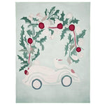 A whimsical area rug featuring a festive Christmas design, hand-tufted with wool. The rug showcases a playful scene with a duck riding in a vintage car surrounded by holly leaves and red berries, perfect for adding charm to any living room.