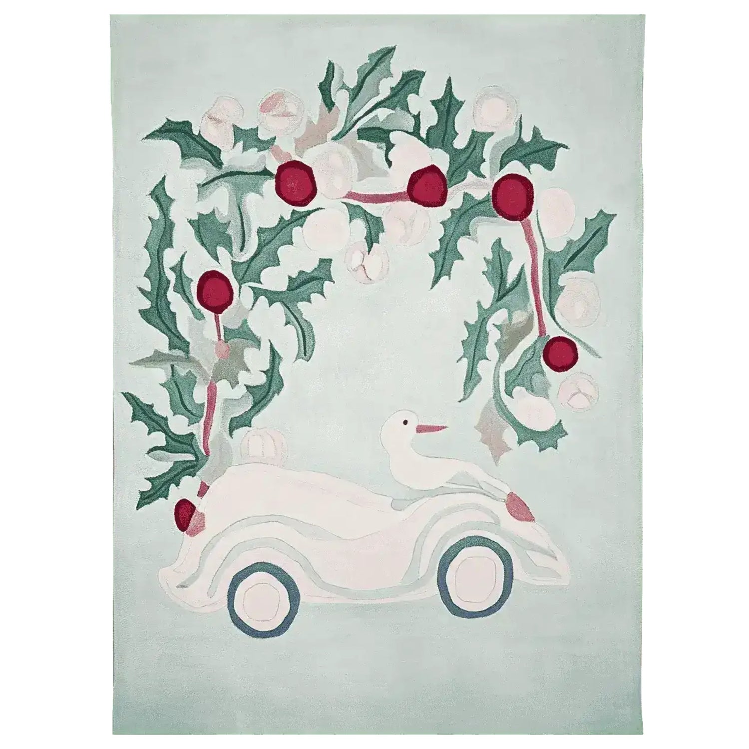 A whimsical area rug featuring a festive Christmas design, hand-tufted with wool. The rug showcases a playful scene with a duck riding in a vintage car surrounded by holly leaves and red berries, perfect for adding charm to any living room.