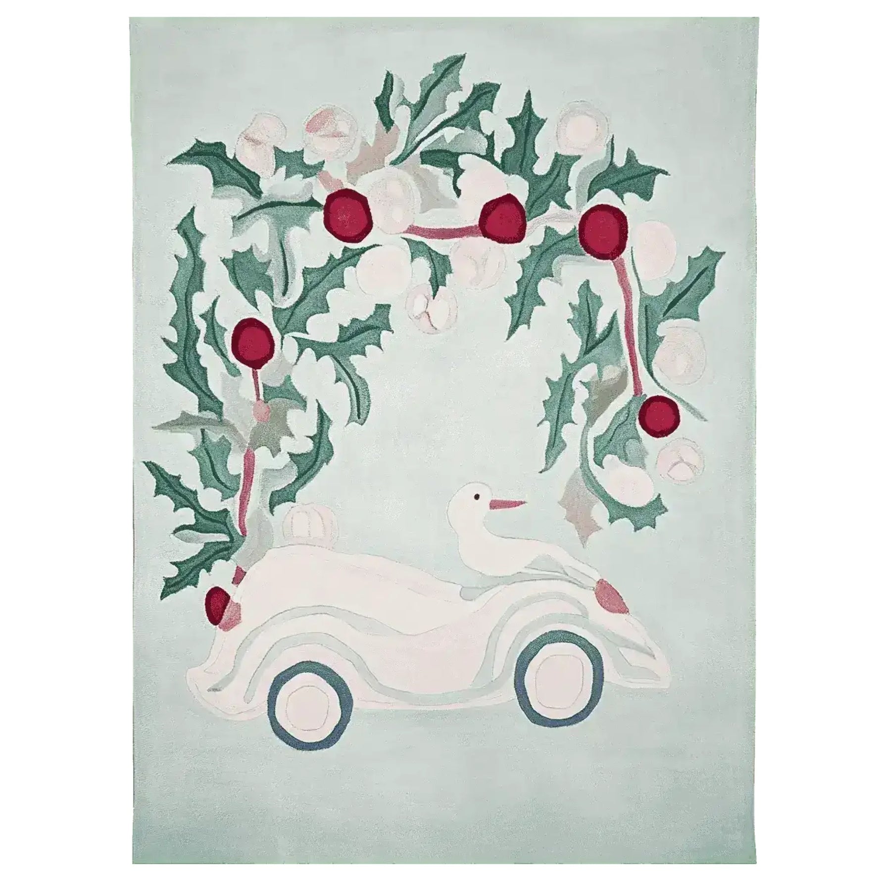 A whimsical area rug featuring a festive Christmas design, hand-tufted with wool. The rug showcases a playful scene with a duck riding in a vintage car surrounded by holly leaves and red berries, perfect for adding charm to any living room.