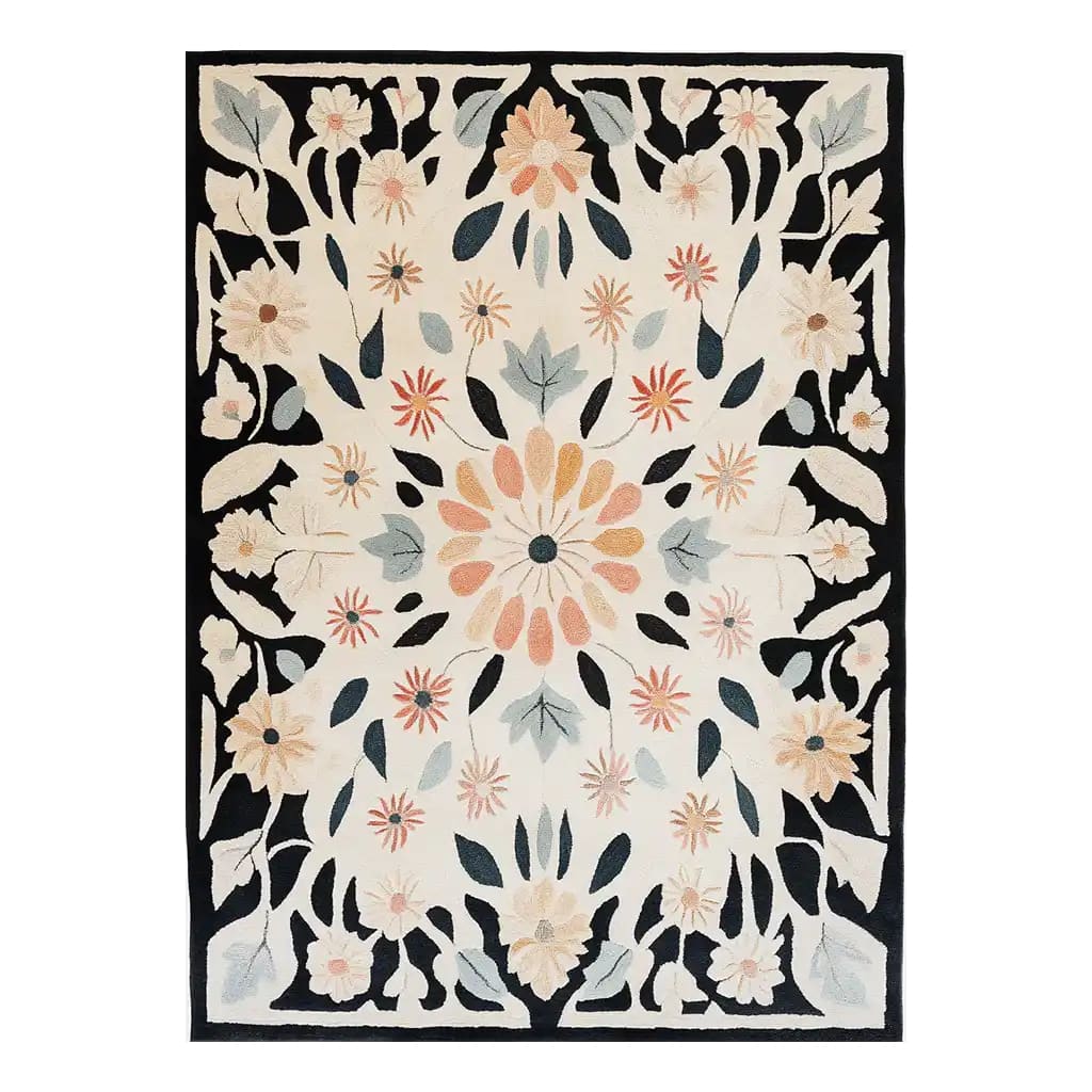 Radiant Bloom Hand Tufted Wool Rug showcasing a vibrant floral design with soft hues on a black background. This area rug, perfect for living rooms, highlights intricate patterns and elegant colors, making it an ideal wool rug and a beautiful addition to any space.