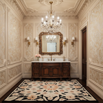 Luxurious bathroom with ornate wallpaper, black floral rug, chandelier, and wooden vanity.