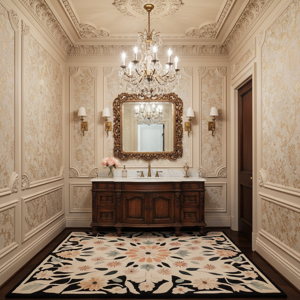 Luxurious bathroom with ornate wallpaper, black floral rug, chandelier, and wooden vanity.